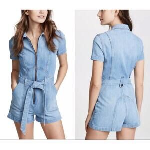 AO.LA Alice + Olivia Denim Romper Short Jumpsuit Size 27 Front Zipper Tie Sash